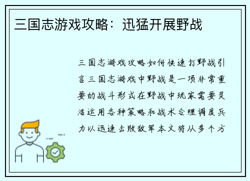 三国志游戏攻略：迅猛开展野战