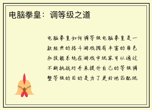 电脑拳皇：调等级之道