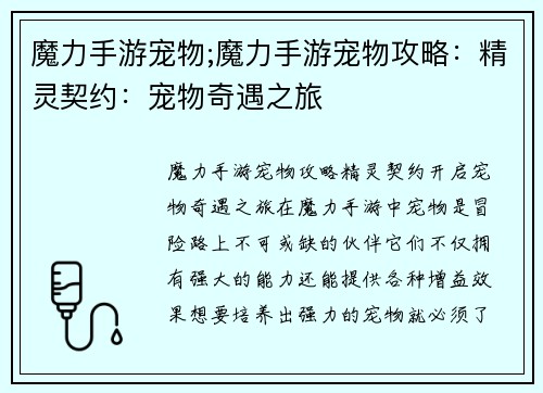 魔力手游宠物;魔力手游宠物攻略：精灵契约：宠物奇遇之旅